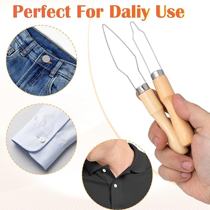 2 Packs Easy Button Hook, Steel Button Helper Tool for Elderly, Wide Wood Handle Buttons Fastener Device Assist Dressing Aid Tool for Seniors One Hand - Small Button and Universal