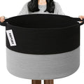 Large Storage Basket with Handle,19.7"x 19.7"x 13" Blanket Basket Storage Bins for Organizing,65L Cotton Rope Woven Baskets for Living Room, Nursery ,Bedroom,Black&Light Grey