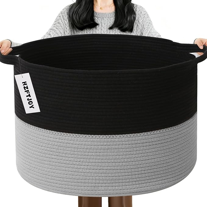 Large Storage Basket with Handle,23.6" x 23.6" x 15.7" Blanket Basket Storage Bins for Organizing,65L Cotton Rope Woven Baskets for Living Room, Nursery ,Bedroom,Black&Light Grey