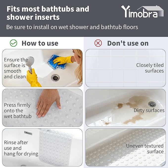 Yimobra Non Slip Bathtub Mat 40 x 16 Inch, Extra Long Shower Mat with Drain Holes, Machine Washable Baby Bath Mats, Strong Suction Cups for Bathroom Floor, Clear