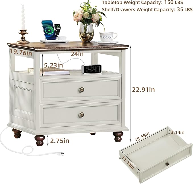 Farmhouse Nightstand Set of 2 with Charging Station, 24" Wide End Table with 2 Drawers,Dresser for Bedroom,Bed Side Table Chest of Drawers Cabinet,Wood White Night Stand for Living Room