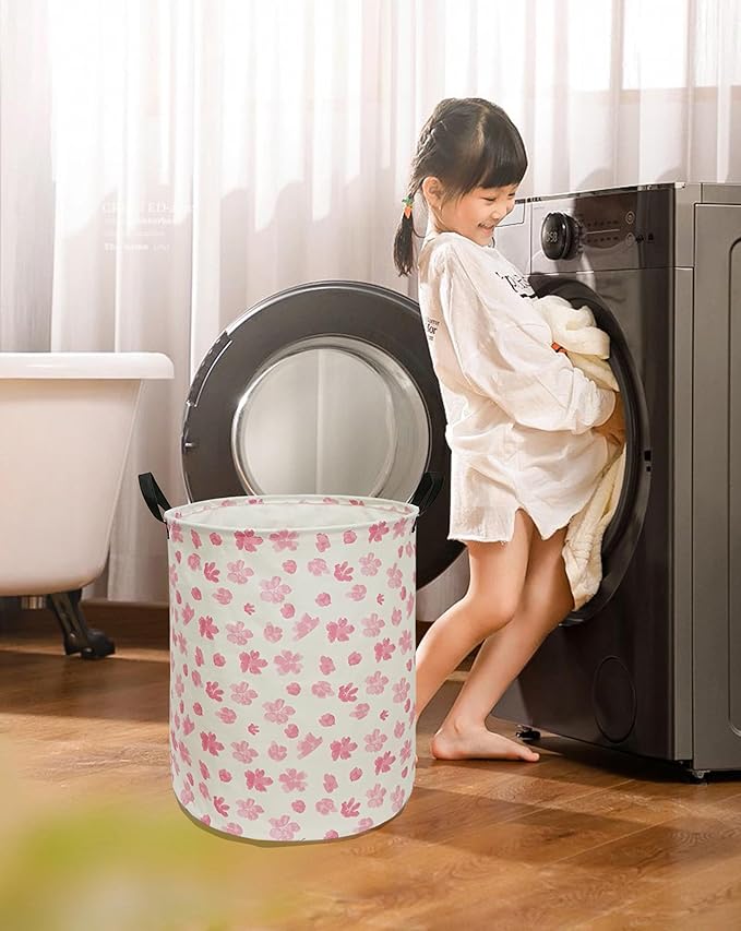 19.7 Inch Pink Flower Laundry Clothes Hamper Laundry Basket with Handles,Storage Organizer Bins Laundry Gift Basket for Room, Bedroom Decor