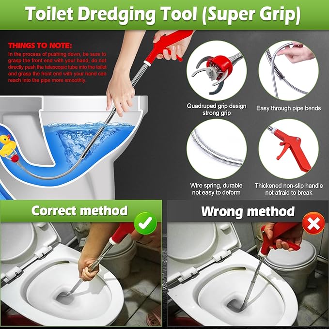 51 Inch Toilet Auger Snake with 4 Claw Grabber Fits Pipes 1.6 Inches or Larger Flexible Clog Removal Tool for Toilets and Drains