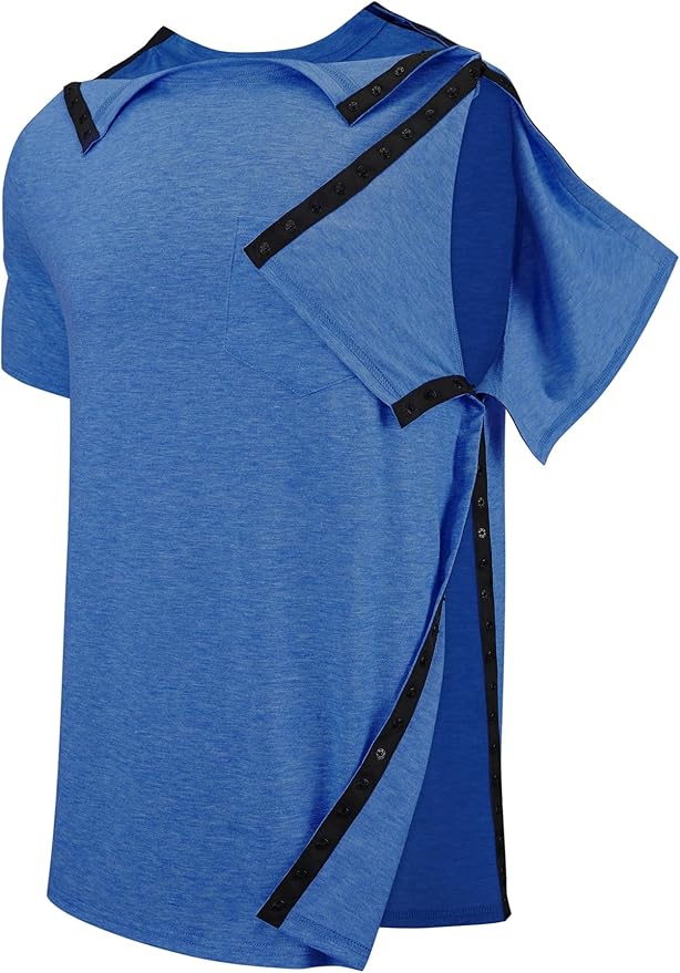 Men's Post Shoulder Surgery Recovery Shirts Tear Away Short Sleeve Full Open Side Snap Dialysis Chemo Clothing