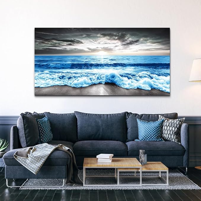 MHARTK66 Large Wall Decor For Office Framed Wall Art For Living Room Modern Bedroom Wall Decor Blue Beach Sun Ocean Landscape Canvas Prints Wall Paintings Seascape Pictures Artwork Home Decor 60x30