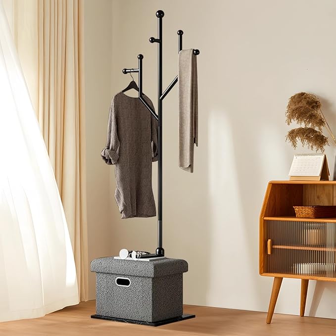 Modern Metal Coat Rack Stand, Heavy Duty Coat Rack Freestanding with Natural Marble Base, 8 Hooks, Ideal for Bedroom, Entryway, Hallway, Office, Gifts for Women, for Mom, for Men (Black)