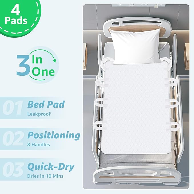 Incontinence Bed Pads Whasbable: Transfer Bed Pads Waterproof with 8 Handles, 4 Pcs 34"x52" Reusable Bed Underpads Absorbent, Positioning Bed Pads for Elderly, Bedwet, Kids, Bedridden, Hospitals