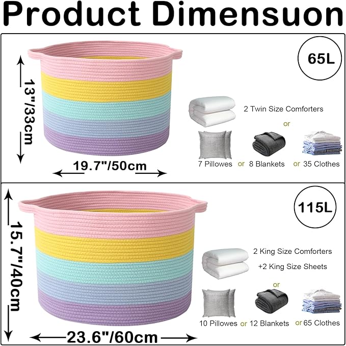 Large Storage Basket with Handle,19.7" L x 19.7" W x 13" H Blanket Basket Storage Bins for Organizing,65L Cotton Rope Woven Baskets for Living Room, Nursery ,Bedroom,Colorful