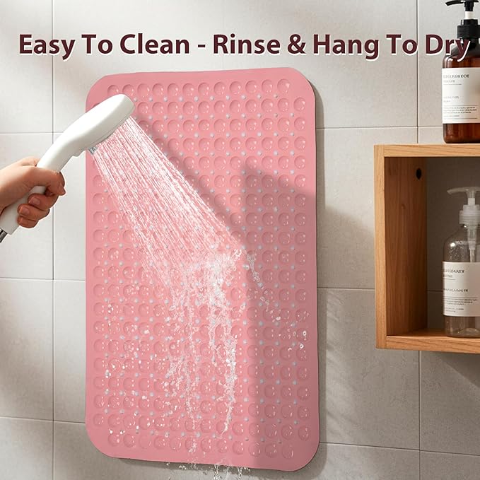 Large Shower Mat 21.5x33.5 Inch Pink, Soft Non Slip Shower Mats for Inside Shower with Big Suction Cups Drain Holes, Extra Large Bath Bathtub Mat Floor Stall Mats, BPA-Free, Easy Clean