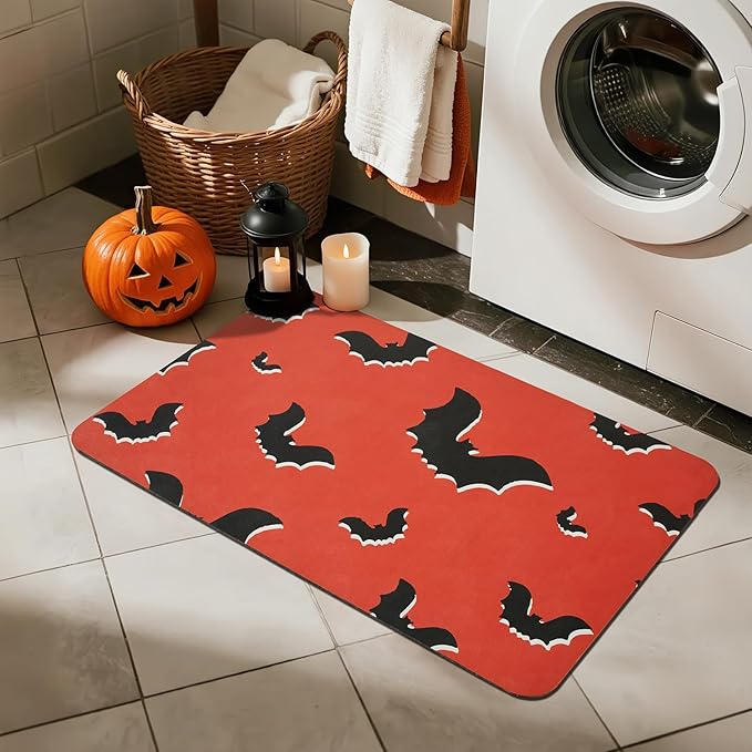 Halloween Bath Mat, Thin Halloween Bathroom Rug Non Slip Quick Dry Bat Bath Mat Fits Under Door Thin Floor Mat Halloween Decor, 24''x36'', Gothic Bats Orange