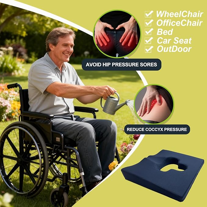 Gel Wheelchair Seat Cushion,Bed Sore Cushions for Butt,Chair Pressure Sore Cushion,Memory Foam Butt Pillow for Bed,Pressure Ulcer Pain Relief, Sciatica,Coccyx, Non-Slip Washable Cover(Blue)