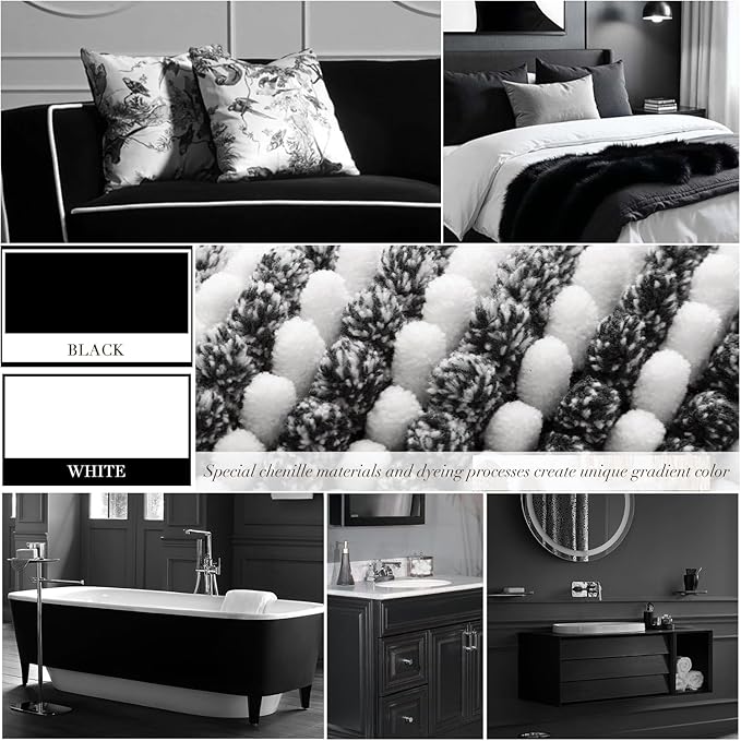 BSICPRO Bathroom Rugs Sets 3 Piece, Toilet Rugs U-Shaped Contour Bath Mat Set, Long Striped Absorbent Non Slip Chenille Shower Mat, Black