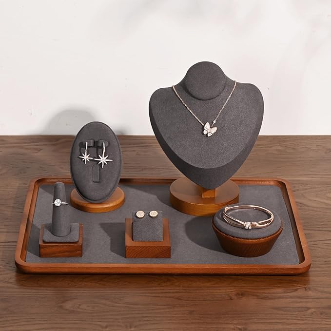 Oirlv Solid Wood Jewelry Tray Jewelry Display Holder Showcase Jewelry Display Organizer (Large, Grey)