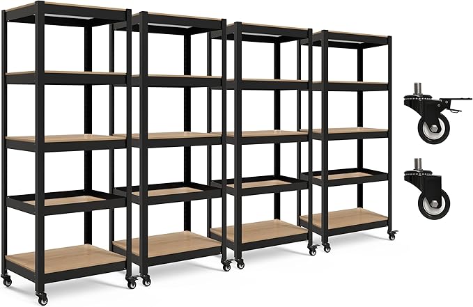 HOMEDANT House 5-Tier Metal Rolling Cart Shelf Rack Casters Heavy Duty Laminated Wheel Shelving Unit Adjustable Utility Storage Shelves Organizer Shelf Kitchen Garage (4, (S) 24.4" W, Black)