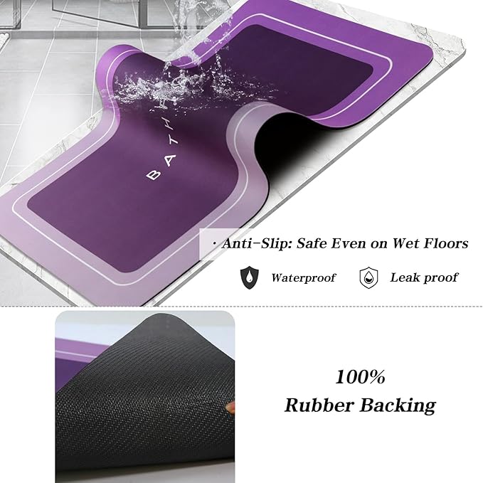 Bath Mat, Bathroom Mat Rugs Super Absorbent Shower Mats Non Slip Quick Dry Thin Rubber Mats for Bathroom Floor Fit Under Door, Shower Rug for Bathtub, Shower, Purple