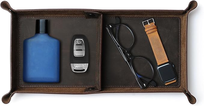 Handmade Leather Catch All Tray and Organizer for Keys, Phones, Jewels, Coins, Rectangular, Deep Brown