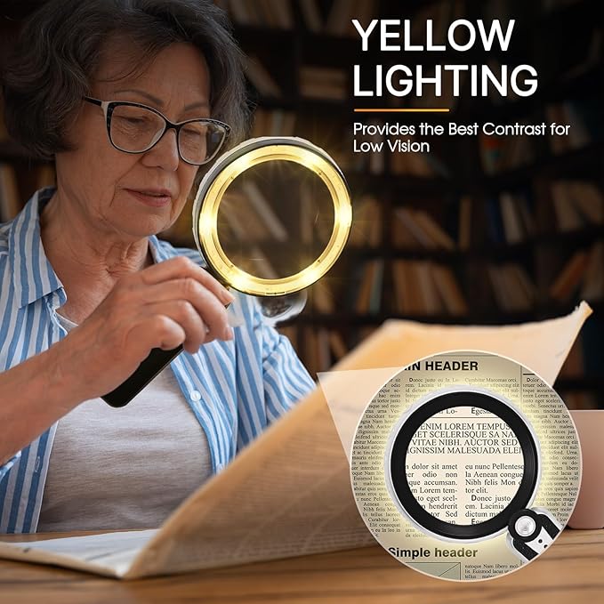 45X Magnifying Glass with Light, 1200mAh USB Rechargeable, 6 Lighted Modes, Large Handheld Magnifier for Low Vision Seniors with Macular Degeneration, Reading, Jewelry, Coins - Black