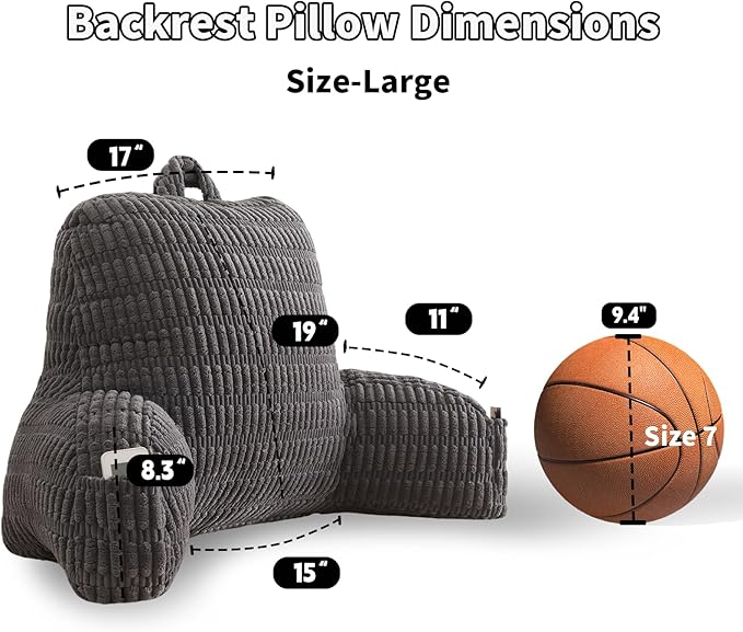 Reading Pillow for Sitting in Bed, Large Backrest Reading Pillow with Arm Rest,Back-Rest Support Cushion for Sit Up on Couch, Sofa, and Floor, Dorm Essentials (Grey Corduroy, Large(19"))