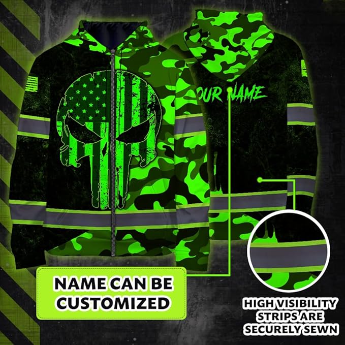 Maddly Hi Vis Reflective Zip Up Hoodie, High Visibility Safety Jacket with Skull Design for runner, worker, trucker, cyclist