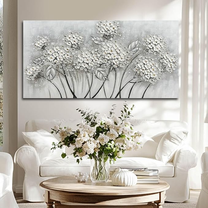 White Flower Wall Art- Canvas Print Art- Botanical Pictures for Bedroom - Hand Painted Wall Decor - Floral Painting Home Decorations with Framed 20x40 Inch
