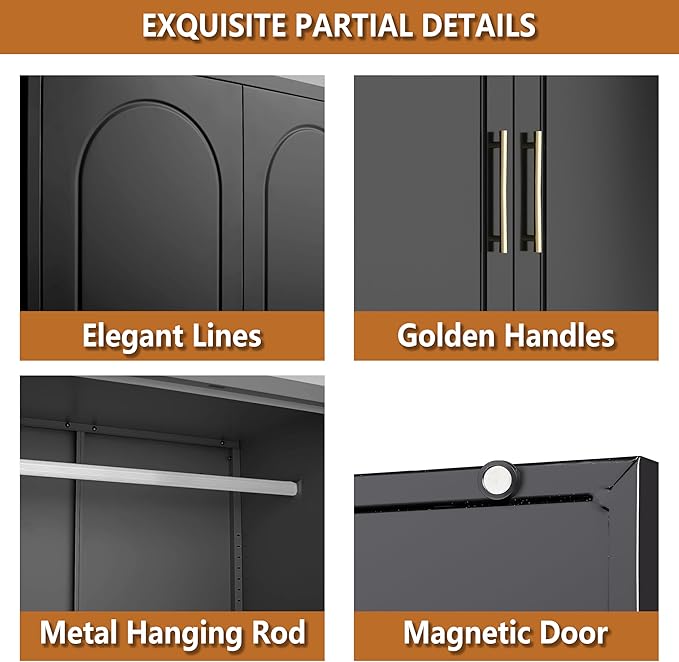 71" Tall Metal Armoire Wardrobe Closet witih Three Drawers, Large Wardrobe Cabinet with Hanging Rod, Clothing Storage Cabinet with Doors and Shelves for Bedroom, Black, Assemble Required
