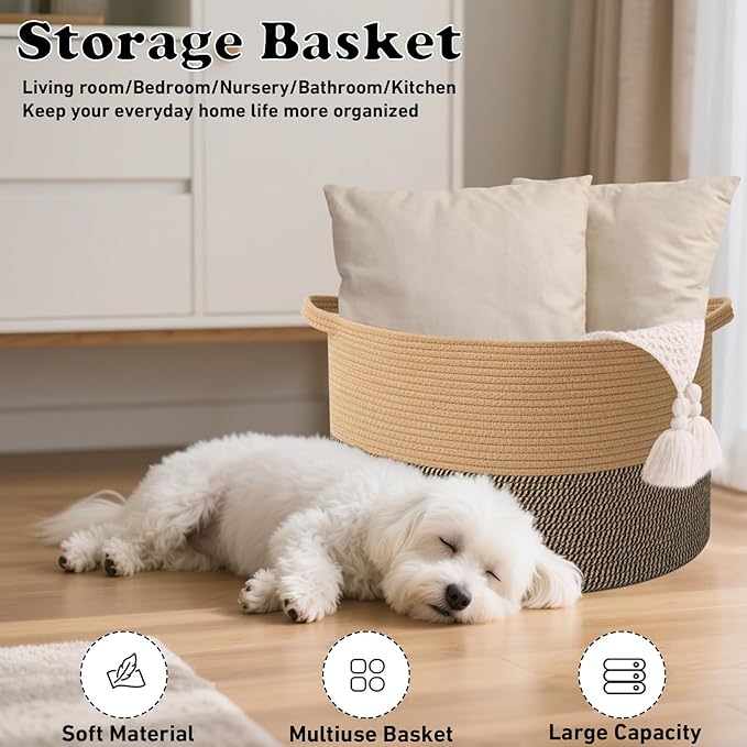 Large Storage Basket with Handle,19.7" L x 19.7" W x 13" H Blanket Basket Storage Bins for Organizing,65L Cotton Rope Woven Baskets for Living Room, Nursery ,Bedroom,Jute&Black