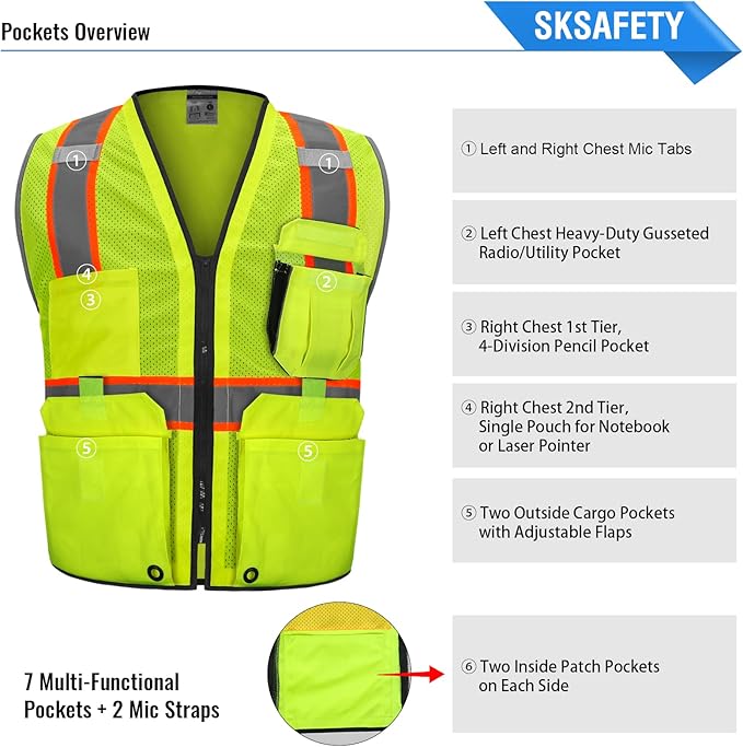 SKSAFETY 10 Pockets Professional Safety Vest, Class 2 High Visibility, ANSI/ISEA Standard, Construction Work Vest (Lime, 4XL)