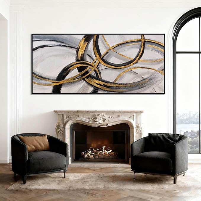 Black and Gold Line Wall Art Abstract Wall Decor Neutral Canvas Posters 32"x70" Large Framed Art for Living Room Office Pictures