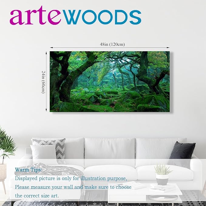 Green Forest Canvas Wall Art Living Room Decoration Big Trees Nature Picture Large Modern Canvas Artwork Contemporary Woods Mossy Rock Spring Season Prints for Kitchen Office Home Decoration 24" x 48"