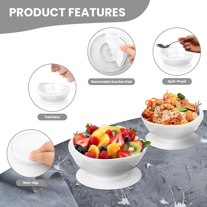 2Pack Spill Proof Scoop Bowl with Non-Skid Suction Base, Adaptive Self-Feeding Dinnerware for Elderly and Disabled(White)