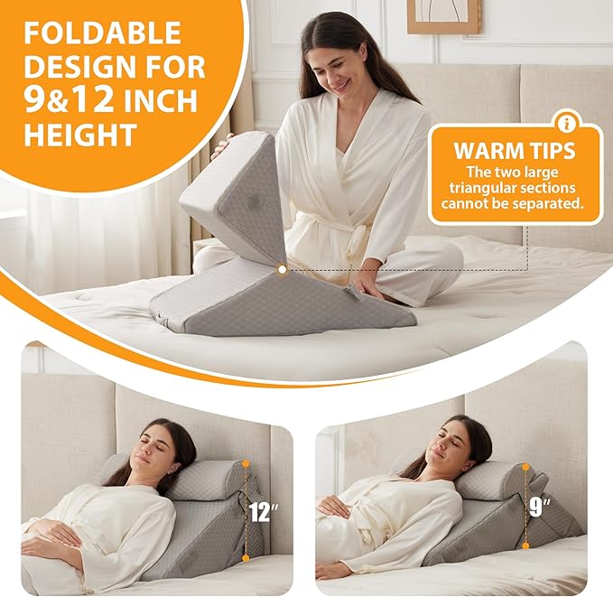 3PCS Wedge Pillow Set for After Surgery, Adjustable 9&12 Inch Bed Wedge Pillow for Sleeping, Incline Pillow Wedge for Headboard, Post Surgery, Acid Reflux, Neck&Back Support, Grey