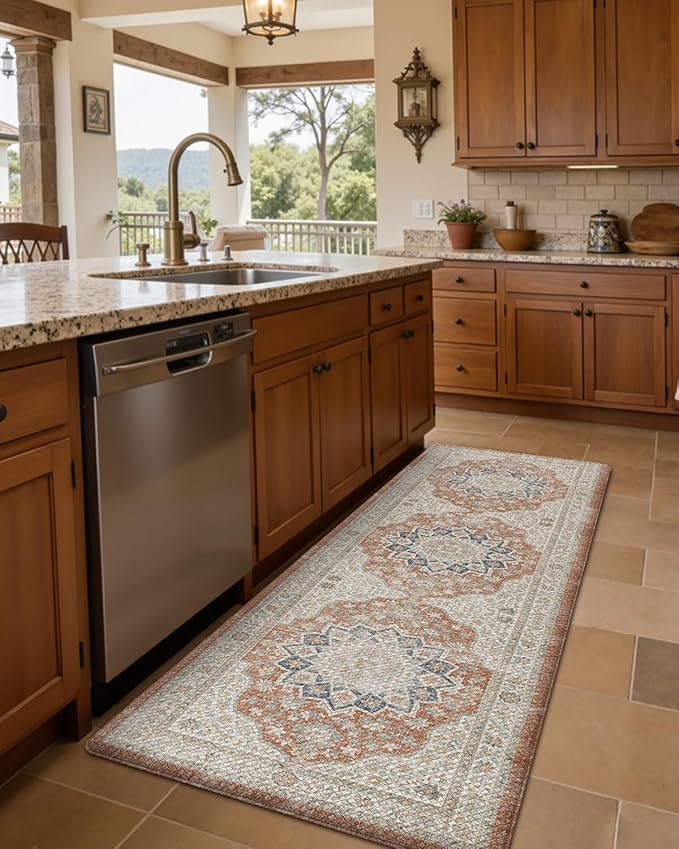 DEXI Kitchen Floor Mats Anti Fatigue, 23x59 Large Cushioned Vintage Runner Rug Waterproof, Standing Comfort Memory Foam Padded for Front Sink Laundry Office, Orange and White