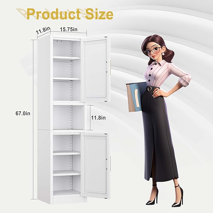 67" Tall Narrow Storage Cabinet Metal Bathroom Cabinet with 2 Doors & 4 Adjustable Shelves, Standing Pantry Cabinets Cupboard for Kitchen, Dining Room, Living Room and Bathroom (White)