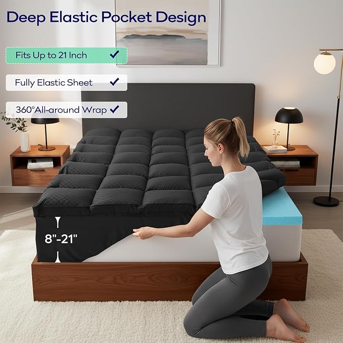 OLANLY Dual-Layer 4 Inch Full Size Memory Foam Mattress Topper for Back Pain, 2 Inch Cooling Pillow Top Mattress Pad Cover and 2 Inch Gel Memory Foam Topper, Deep Elastic Pocket, Black