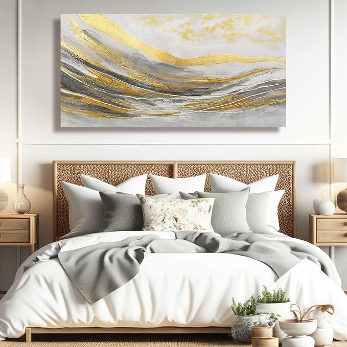 Artexist Abstract Line Wall Art Prints, Gold & Grey, 24"x48" Large Canvas Wall Pictures for Living Room, Bedroom, Office Decor