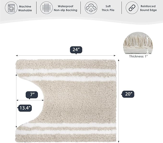 PURRUGS Bathroom Rug Non-Slip Machine Washable 20" x 24" U-Shaped, Super Absorbent and Quick Dry Shaggy Microfiber Bath Mat, Extra Soft and Plush Contour Rug for Toilet Base, Beige