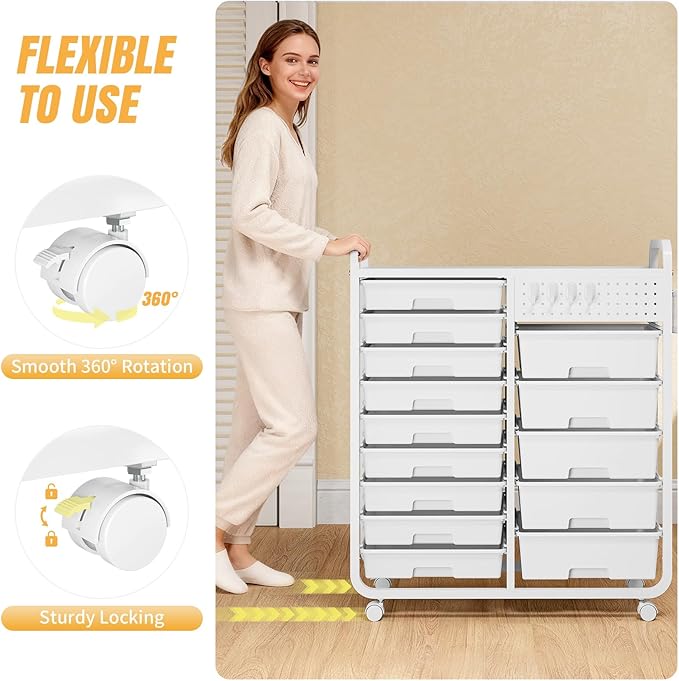 Rolling Storage Cart with 14 Drawers, Storage Organizer Cart with Tabletop and Pegboard,Utility Cart for Living Room, Classroom, Bedroom,Bathroom,Dorm,Office (White)