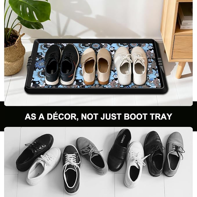 BEHERO Boot Tray Shoe Mat Decorative Patterned, Rubber Shoe Matt Tray Indoor/Outdoor Use, 16" x47.5" Shoe Cleaning Mat Non-Slip, Shoe Storage Waterproof Flower Prints for Entryway, Velvet Bloom
