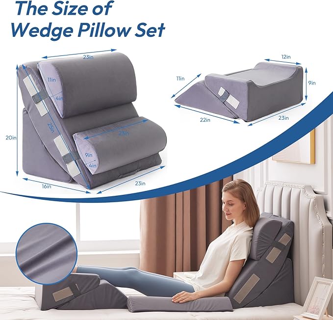 6PCS Wedge Pillow Set for After Surgery, Back Support Pillow for Bed, Bed Wedge Pillow for Post Surgery, Back Rest Pillow for Sitting in Bed, Pillow for Back Pain Relief, Plush Grey
