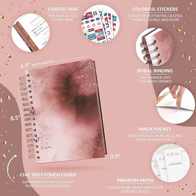 PLANBERRY Hourly Schedule Planner Premium – Undated Weekly Organizer with Time Slots & Monthly Budget – Time Management, Goal Setting, to-Do List & Habit Tracker –6.9″x8.5″(Rose Gold)