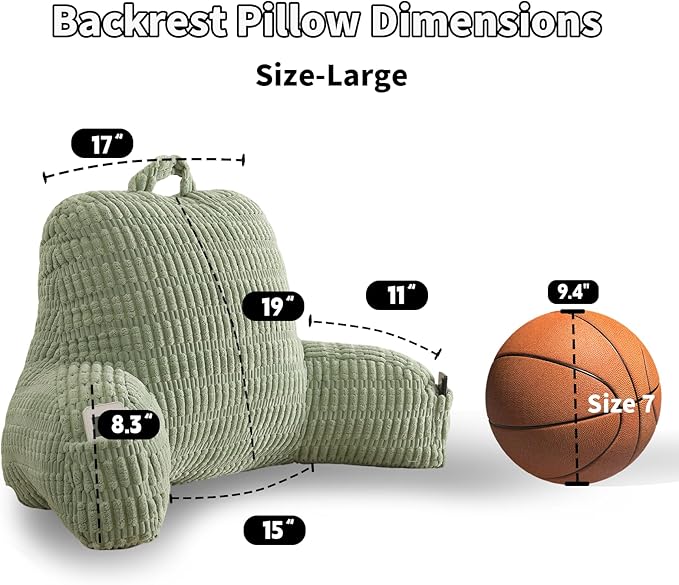 Reading Pillow for Sitting in Bed, Large Backrest Reading Pillow with Arm Rest,Back-Rest Support Cushion for Sit Up on Couch, Sofa, and Floor, Dorm Essentials (Green Corduroy, Large(19"))