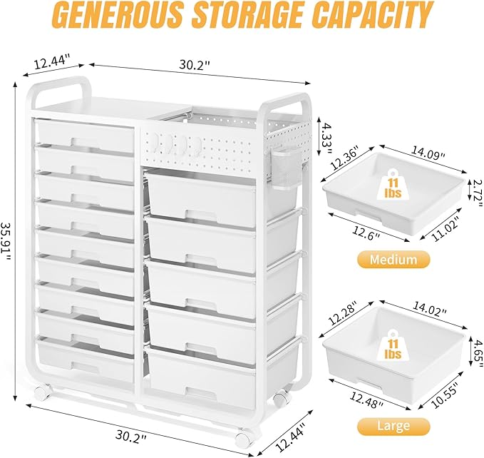 Rolling Storage Cart with 14 Drawers, Storage Organizer Cart with Tabletop and Pegboard,Utility Cart for Living Room, Classroom, Bedroom,Bathroom,Dorm,Office (White)