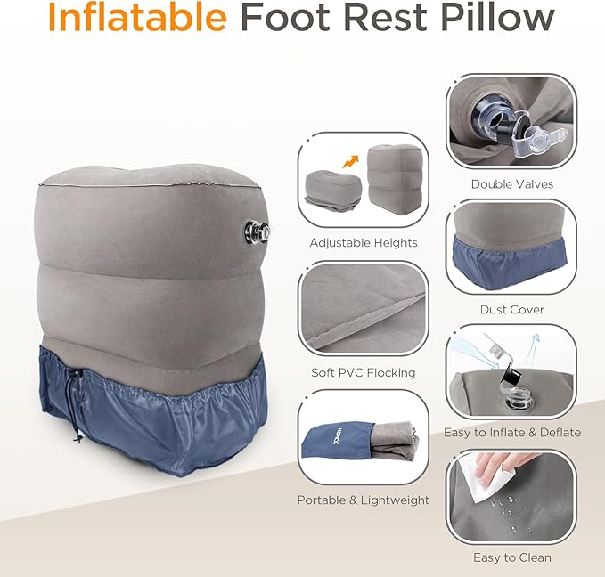HOMCA Inflatable Travel Foot Rest Pillow (2-Pack) Adjustable Height Leg Pillow Fast Inflating Airplane Bed for Toddlers Footrest Pillow for Office, Airplane, Train, Cars, Home (Grey)