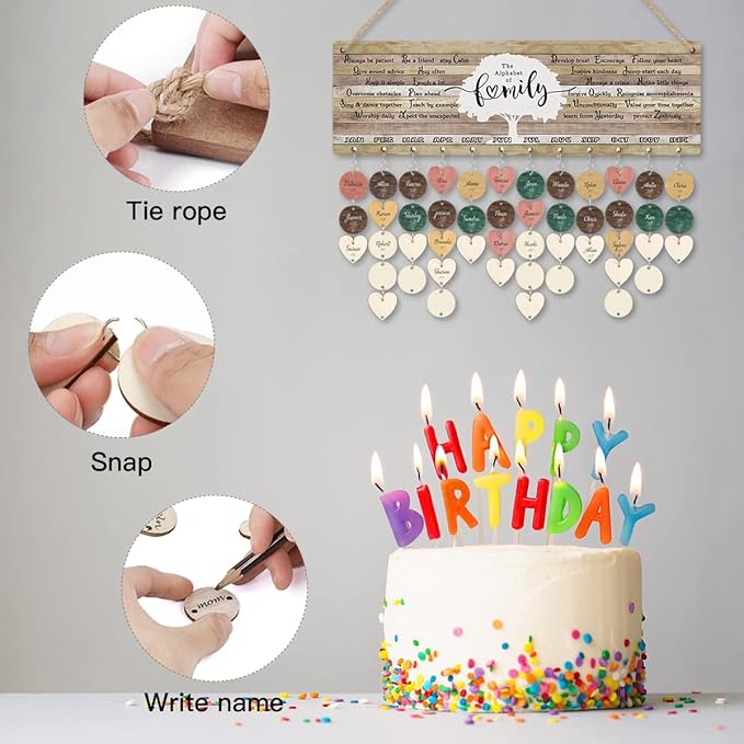 CHDITB Family Birthday Calendar with Tags, Vintage The Alphabet of Family Birthday Wall Hanging(16"x5"), Inspirational Quotes Wooden Birthday Reminder Tracker for Mothers Day Anniversary