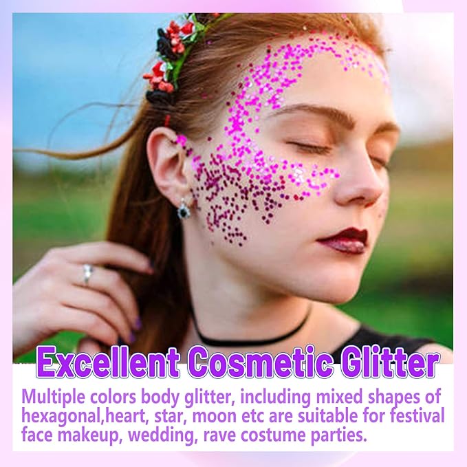 Allstarry Holographic Chunky Body Glitter 12 Colors Cosmetic Face Glitter Makeup Colorful Mermaid Sequins Hair Face Paint Sparkling Festival Outfits Rave Accessories for Women Makeup