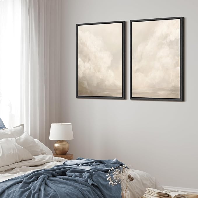 MUDECOR Framed Canvas Print Wall Art Neutral Cloudscape Soft Abstract Sky Illustrations Modern Art Decorative Bohemian Colorful Chic for Living Room, Bedroom, Office - 16"x24"x2 Black