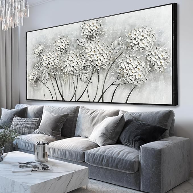 SOUGUAN Plant Hand Painted Wall Art White Wall Decor Floral Canvas Painting 32"x70" Large Artwork for Bedroom Decorative Pictures for Living Room