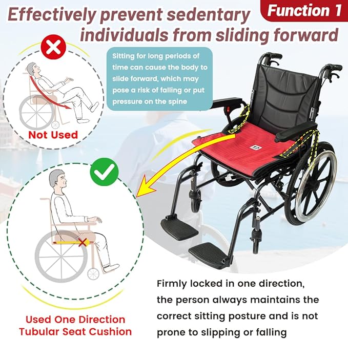 One Direction Tubular Seat Cushion with Handles for Fall Prevention,Non Slip Seat Cushion for Elderly/Disabled in Chair/Wheelchair,17"x17" (Red-with Handles)