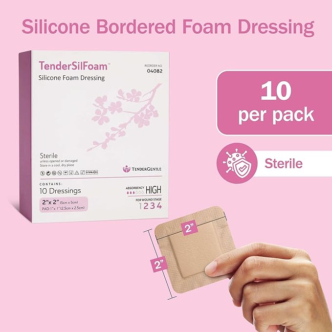Bordered Silicone Foam Bandages - 10 2x2 Sterile Silicone Foam Dressings for Wound Care, & Dressings - Absorbent Bed Sore Protectors - Good for Sensitive Skin