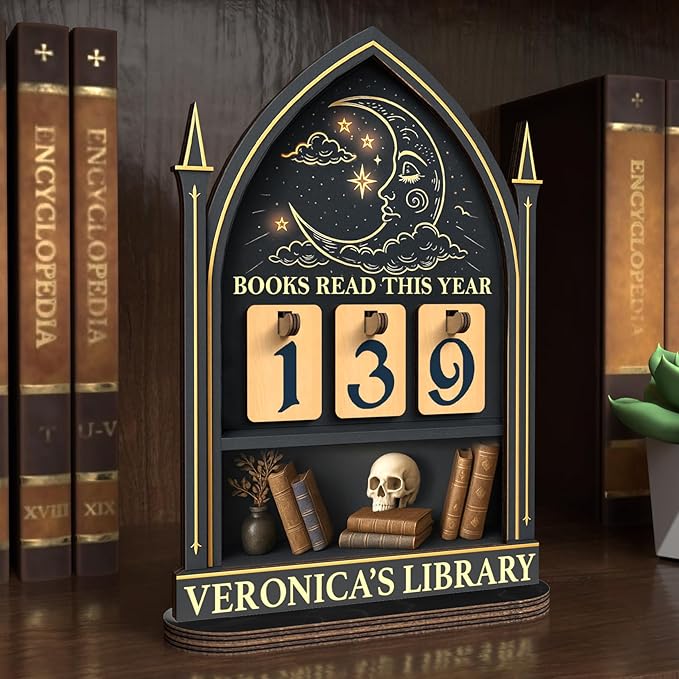 Personalized Book Tracker Sign, Custom Books Read This Year Counter up to 999 Books, Moon Celestial Book Lover Gift for Readers, Librarians, Writers, Halloween Bookshelf Decor for Home Library